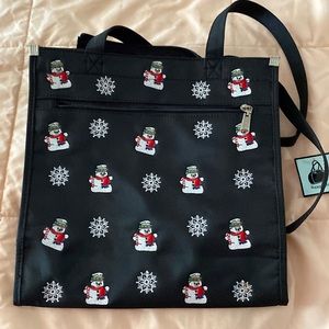 Black tote with snowman and snowflakes design